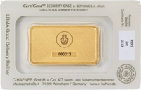 1 oz C.HAFNER Feingoldbarren geprägt – Certicard Rückseite